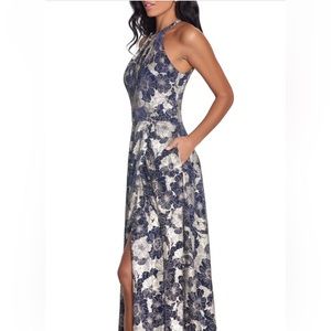 Betsy & Adam Petite “Layla” long halter wrap foil print dress